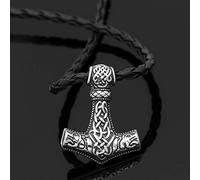 RZRPYFMM Viking Thor's Hammer Stainless Steel Necklace Pendant Celtic Knot Pendant Men And Women Scandinavian Double Wolf Head Necklace Jewelry,Silver,Leather cord 60