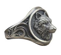 RZRPYFMM Viking Vintage Wolf Totem Ring,Men's Wolf Head Signet Ring,Norse Mythology Odin Mount Wolf Ring,Silver,10