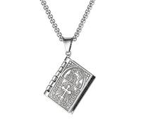 RZRPYFMM Vintage Cross Bible Book Necklace Men And Women Can Open Prayer Bible Scripture Book Christian Necklace,Silver,70cm