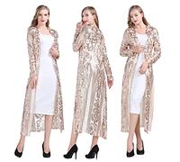 RZTA Women's Sparkling Sequin 1920s Cover Up Loose Open Front Long Sleeve Cardigan Coat Dress for Evening Party, A1 Apricot, Medium