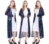 RZTA Women's Sparkling Sequin 1920s Cover Up Loose Open Front Long Sleeve Cardigan Coat Dress for Evening Party, A1 Navyblue, XXXL