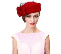 RZTA Women's Vintage 100% Wool Felt Cloche Bucket Bowler Hat Winter Vintage Bow Fedoras Church Fascinator, E5-red, One Size