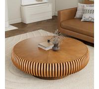 RZTPYS Drum Coffee Table for Living Room, Round Coffee Tables with Solid Wood Fluted & Non-Slip Base, Modern Wooden Circle Center Tea Table for Home Office Apartment Small Space,Brown D100cm