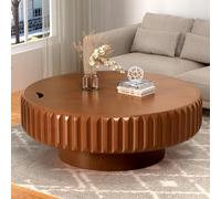 RZTPYS Modern Round Coffee Table with Hidden Storage, Handcrafted Solid Wood Fluted Drum Coffee Table with Sturdy Pedestal, Circle Wooden Coffee Table for Living Room Small Space,Brown 100cm