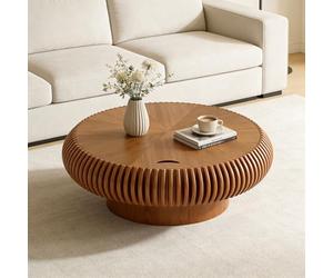 RZTPYS Modern Round Coffee Table with Storage, Minimalist Wooden Fluted Drum Coffee Tables with Sturdy Base, Pedestal Circle Center Table for Living Room Apartment Office,Brown D80cm