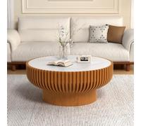 RZTPYS Round Fluted Coffee Table with Marble White Sintered Stone Tabletop, Modern Wood Circle Coffee Tables, Veneer Handcrafted Relief Tea Table with Sturdy Pedestal for Living Room