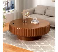 RZTPYS Round Fluted Drum Coffee Table with Hidden Storage, Modern Wooden Coffee Tables with Solid Wood Veneer Accent Center Table Circle Tea Table for Living Room Apartment Office,Walnut 100cm