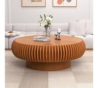 RZTPYS Round Fluted Drum Coffee Table with Hidden Storage, Modern Wooden Coffee Tables with Solid Wood Veneer Accent Center Table Circle Tea Table for Living Room Apartment Office,Brown 100cm