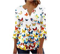 (S, 002* Multicolor) Women Tops 3/4 Sleeve Shirts Boho Floral Print T-Shirts Casual Button Down Blouses V Neck Pleated Tshirts Elegant Tunic Tops Dressy Blouses Ladies Sum