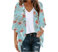 (S, 048* Light Blue) Cardigans for Women UK Women's Floral Print 3/4 Sleeve Open Front Kimono Cardigan Loose Cover Ups Casual Tops Trendy Lightweight Chiffon Blouse Hawaii