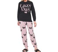 (S, Black) Ladies Cute Soft Cotton Pyjamas Top and Bottoms