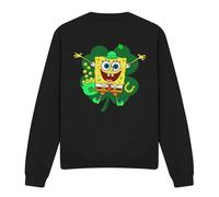 (S, Black) SpongeBob SquarePants Unisex Adult Spongey Four Leaf Clover St Patricks Day Sweatshirt