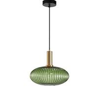 S-Cevada Ribbed Glass Lampshade Pendant Light, Modern Retro Ceiling Hanging Lamp in Brass Finish, Kitchen Dining Room Bedroom 1-Light Chandelier (30cm, Green)