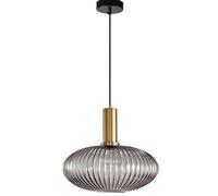 S-Cevada Ribbed Glass Lampshade Pendant Light, Modern Retro Ceiling Hanging Lamp in Brass Finish, Kitchen Dining Room Bedroom 1-Light Chandelier (30cm, Grey)