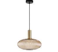 S-Cevada Ribbed Glass Lampshade Pendant Light, Modern Retro Ceiling Hanging Lamp in Brass Finish, Kitchen Dining Room Bedroom 1-Light Chandelier (30cm, Amber)