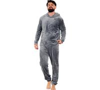 (S, Charcoal) Mens Soft Warm Fleece Adults Hooded Pyjamas Set