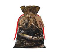 S Christmas Bag Drawstring Family Decorations â€“ beaver working Print Burlap Goody Wrapping Treat Gift Pouches