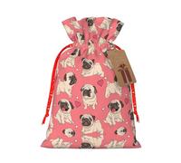 S Christmas Bag Drawstring Family Decorations â€“ Funny Cartoon Pug Puppy Dog Print Burlap Goody Wrapping Treat Gift Pouches