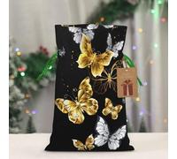 S Christmas Bag Drawstring Family Decorations – Gold White Butterflies Black Print Burlap Goody Wrapping Treat Gift Pouches