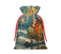 S Christmas Bag Drawstring Family Decorations â€“ The Seaside Lighthouse Print Burlap Goody Wrapping Treat Gift Pouches
