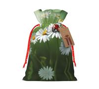 S Christmas Bag Drawstring Family Decorations - Ladybug on Daisy Flower Print Burlap Goody Wrapping Treat Gift Pouches