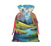 S Christmas Bags â€“ Green mountains and clear waters Print Holiday Drawstring Gift Pouches for Xmas, Birthday, Wedding & Party Favors