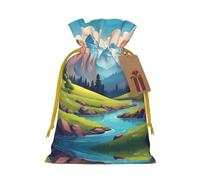S Christmas Bags â€“ Green mountains and clear waters Print Holiday Drawstring Gift Pouches for Xmas, Birthday, Wedding & Party Favors