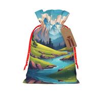 S Christmas Bags â€“ Green mountains and clear waters Print Holiday Drawstring Gift Pouches for Xmas, Birthday, Wedding & Party Favors