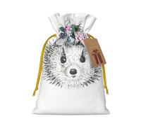 S Christmas Bags â€“ Hedgehog in Floral Wreath Print Holiday Drawstring Gift Pouches for Xmas, Birthday, Wedding, Party Favors