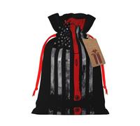 S Christmas Bags â€“ Reusable Firefighter Axe Red Line Flag Print Xmas Party Holiday Drawstring Gift Pouches for Birthdays, Weddings