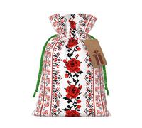 S Christmas Bags – Reusable Ukrainian Embroidery Style Rose Print Xmas Party Holiday Drawstring Gift Pouches for Birthdays, Weddings