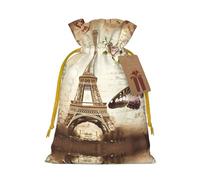 S Christmas Bags – Reusable Vintage Paris Eiffel Tower Butterfly Print Xmas Party Holiday Drawstring Gift Pouches for Birthdays, Weddings