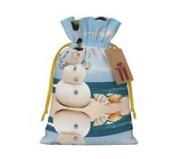 S Christmas Bags – Snowman With Seashells Sitting On Sandy Beach (1) Print Holiday Drawstring Gift Pouches for Xmas, Birthday, Wedding, Party Favors