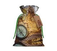 S Christmas Bags with Drawstring â€“ Compass and Old World Map Print Xmas Party Holiday Pouches for Weddings, Birthdays