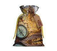 S Christmas Bags with Drawstring â€“ Compass and Old World Map Print Xmas Party Holiday Pouches for Weddings, Birthdays