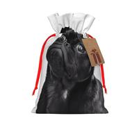 S Christmas Bags with Drawstring â€“ Cute Black Pug Dog Print Xmas Party Holiday Pouches for Weddings, Birthdays