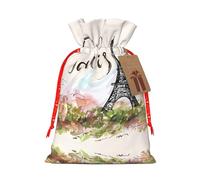 S Christmas Bags with Drawstring â€“ Eiffel Tower Print Xmas Party Holiday Pouches for Weddings, Birthdays