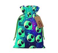 S Christmas Bags with Drawstring – Green alien Print Xmas Party Holiday Pouches for Weddings, Birthdays