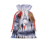 S Christmas Bags with Drawstring – Paris City Tree Eiffel Tower Art Print Xmas Party Holiday Pouches for Weddings, Birthdays