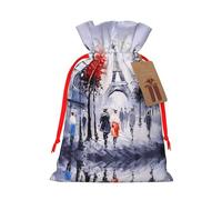 S Christmas Bags with Drawstring – Paris City Tree Eiffel Tower Art Print Xmas Party Holiday Pouches for Weddings, Birthdays
