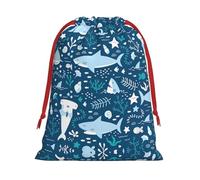 S Christmas Drawstring Bag â€“ Cute Blue Fish Print Holiday Sacks Bag, Treats â€“ Plush Pouches for Birthdays, Weddings