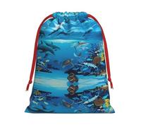 S Christmas Drawstring Bag â€“ Festive Sea Blue Marine Life Print Xmas Party Sacks, Reusable Plush Holiday Pouches