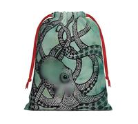 S Christmas Drawstring Bag â€“ Festive Xmas Party Holiday Sacks with Green Octopus Print, Reusable Plush Pouches