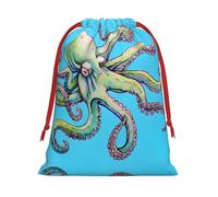 S Christmas Drawstring Bag â€“ Festive Xmas Party Holiday Sacks with Octopus Design Print, Reusable Plush Pouches