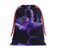 S Christmas Drawstring Bag â€“ Festive Xmas Party Holiday Sacks with Purple Octopus Print, Reusable Plush Pouches