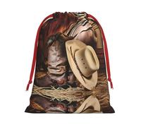S Christmas Drawstring Bag â€“ Reusable Cowboy Black Hat Western Boots Print Xmas Party Sacks, Treats & Favors for Holiday, Weddings