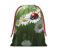S Christmas Drawstring Bag â€“ Reusable Ladybug on Daisy Flower Print Xmas Party Holiday Sacks, Wedding Favors, Birthdays Bags
