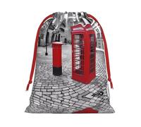S Christmas Drawstring Bag â€“ Reusable London Red Telephone Booth (1) Print Xmas Party Holiday Sacks, Favor Bags for Birthdays, Weddings