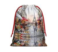 S Christmas Drawstring Bag â€“ Reusable Oil Painting Paris Street Scene Eiffel Tower Print Xmas Party Sacks, Treats & Favors for Holiday, Weddings