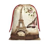 S Christmas Drawstring Bag â€“ Reusable Vintage Paris Eiffel Tower Butterfly Print Xmas Party Sacks, Treats & Favors for Holiday, Weddings